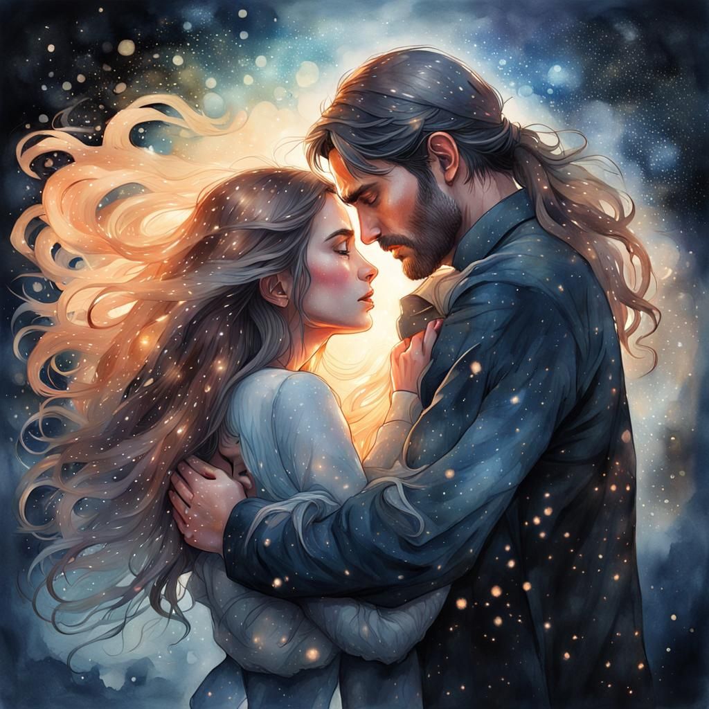 Woman Embracing Fading Man: Watercolor Art