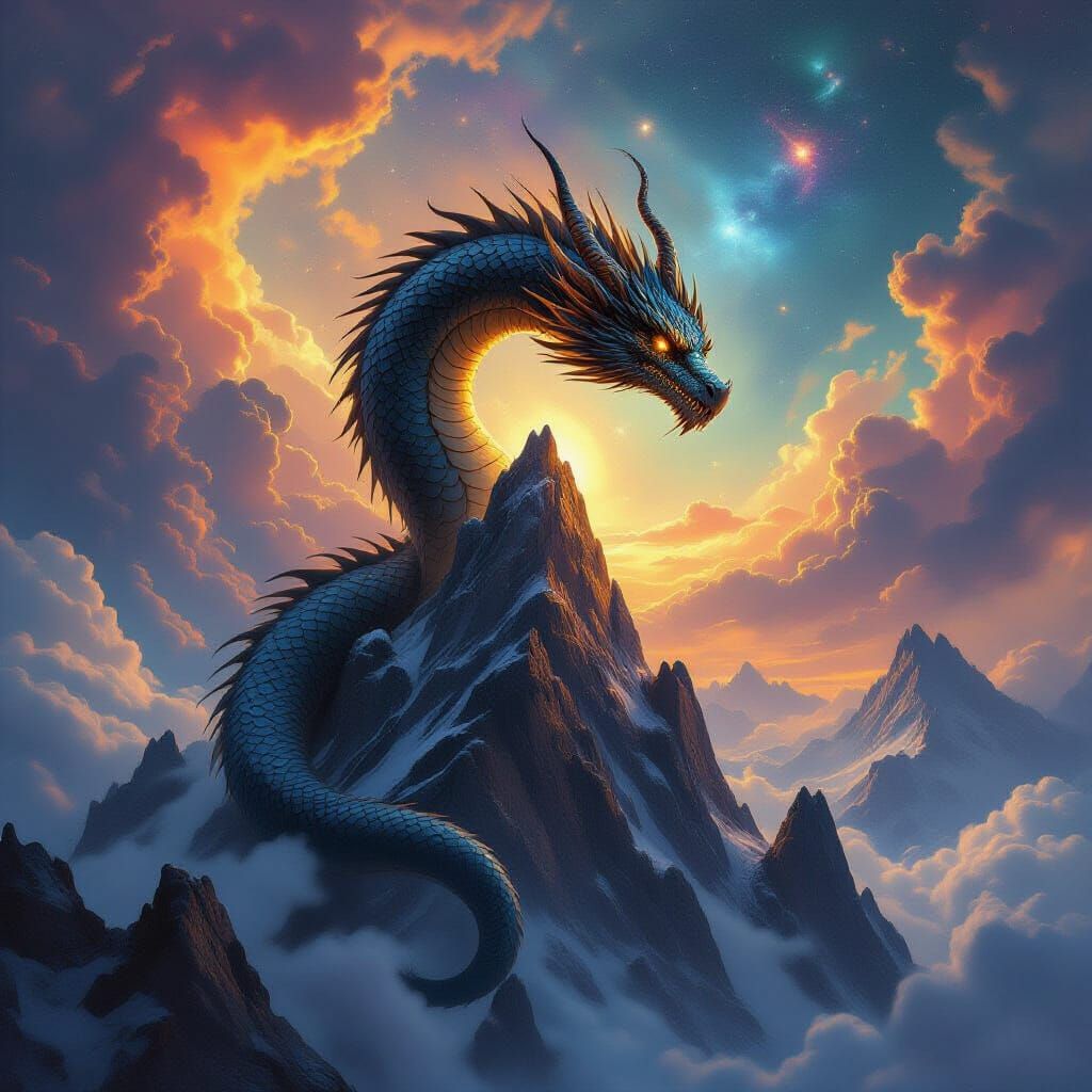Ancient Dragon on Crystalline Peak in Cosmic Nebula