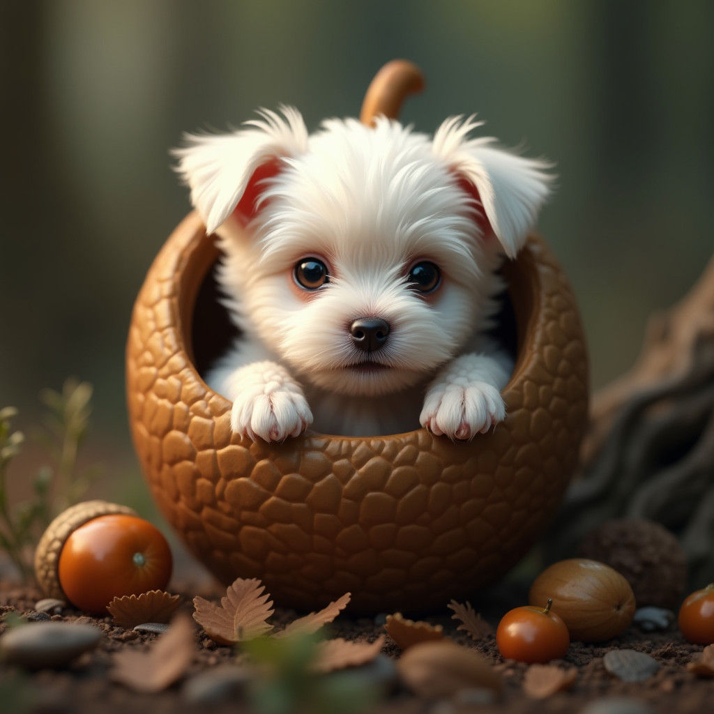 Maltese Puppy in Acorn, Hyper-Realistic Digital Art