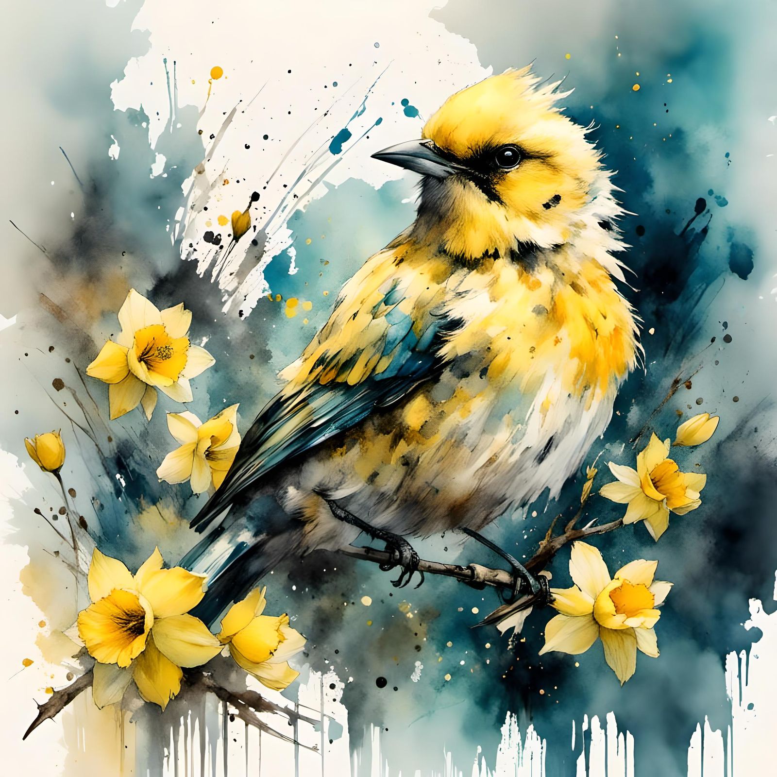 Pastel Bird with Daffodils in Watercolor Style