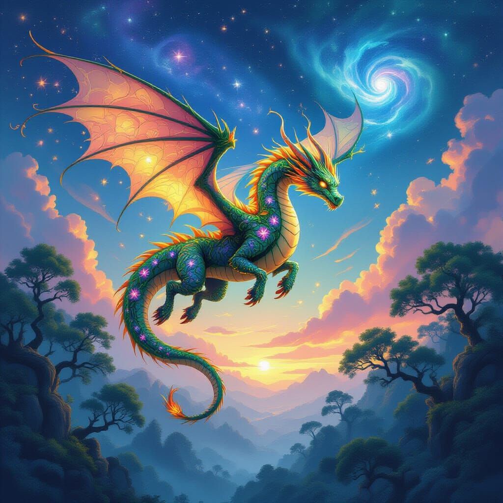 Mystical Vine Dragon Soars Through Twilight Nebula Sky