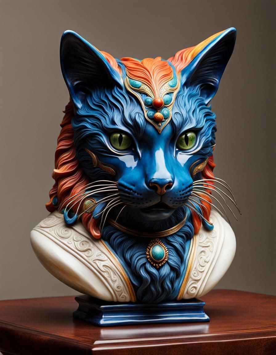 Ornate Feline Earth Elemental Ceramic Bust