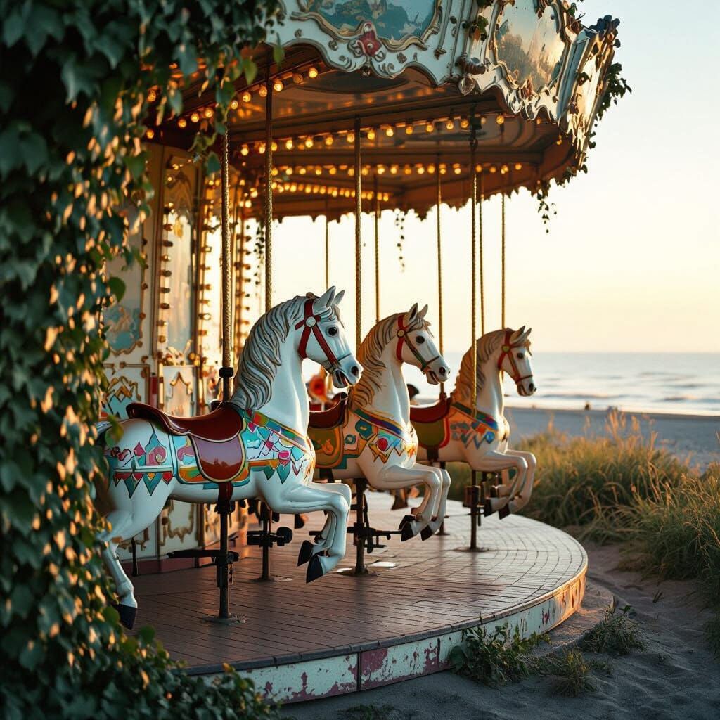 Eerie Carousel in Abandoned Seaside Park: Vintage Photograph...