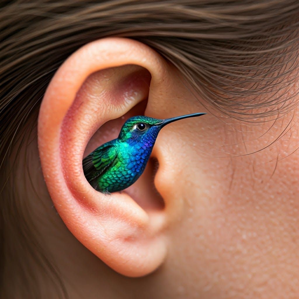 Hummingbird Perched in Ear: Macro Photography