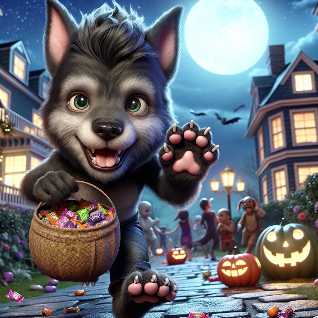 Adorable Young Werewolf's Halloween Candy Collection