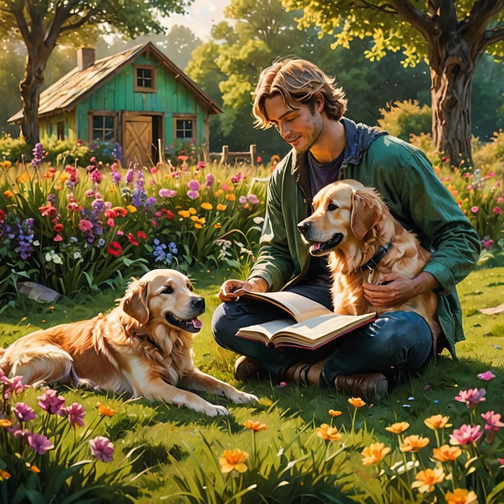 Young Man Reads with Loyal Dog in Whimsical Realism
