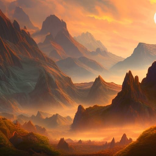 Vibrant Sunrise Over Mountains: Fantasy Concept Art