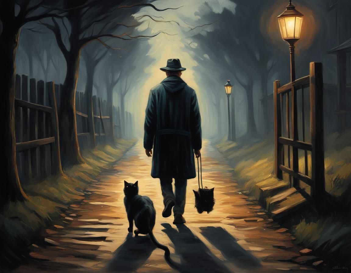 Ominous Encounter: Man, Ladder, and Black Cat in Oil