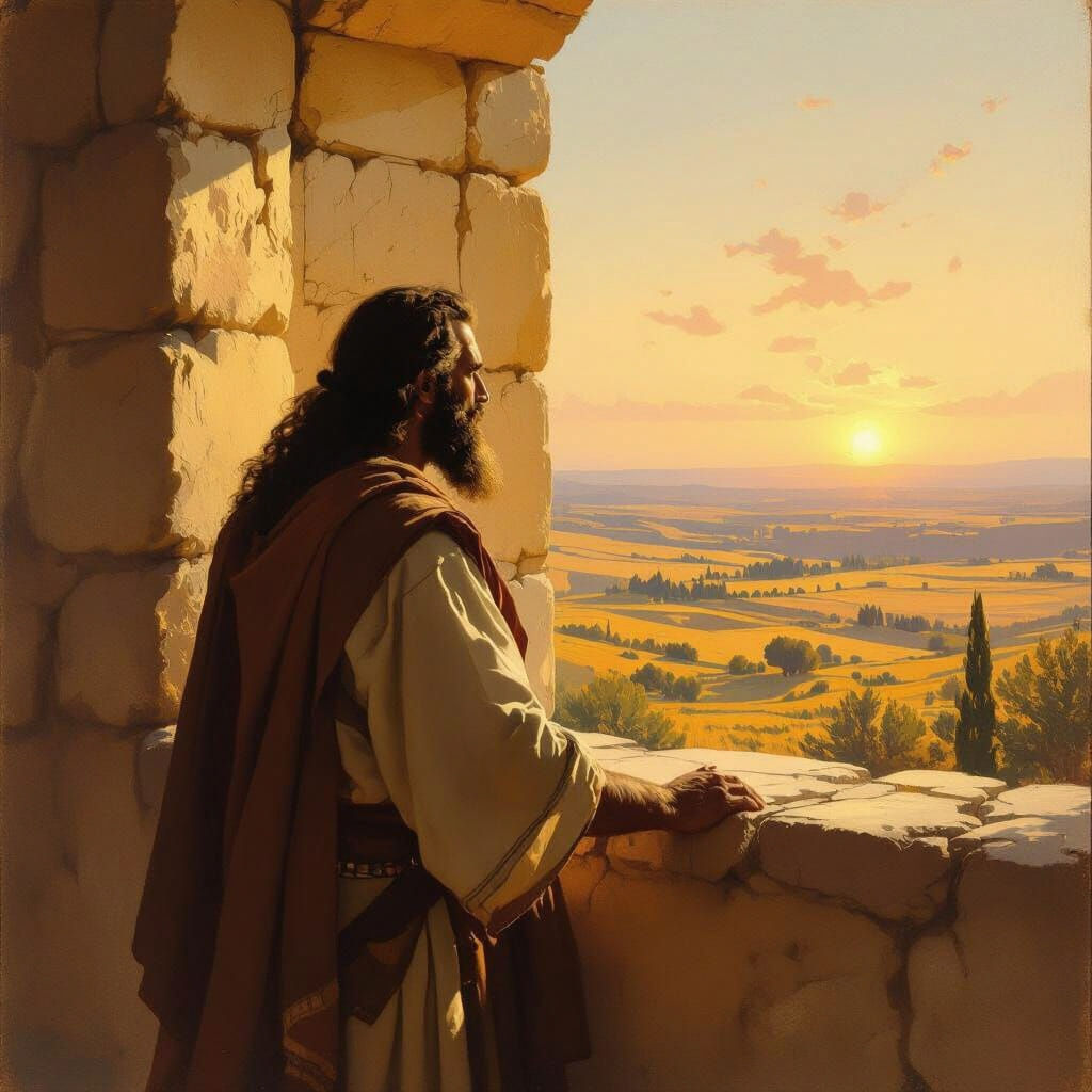 Contemplative Figure in Sunlit Landscape, Classical Style