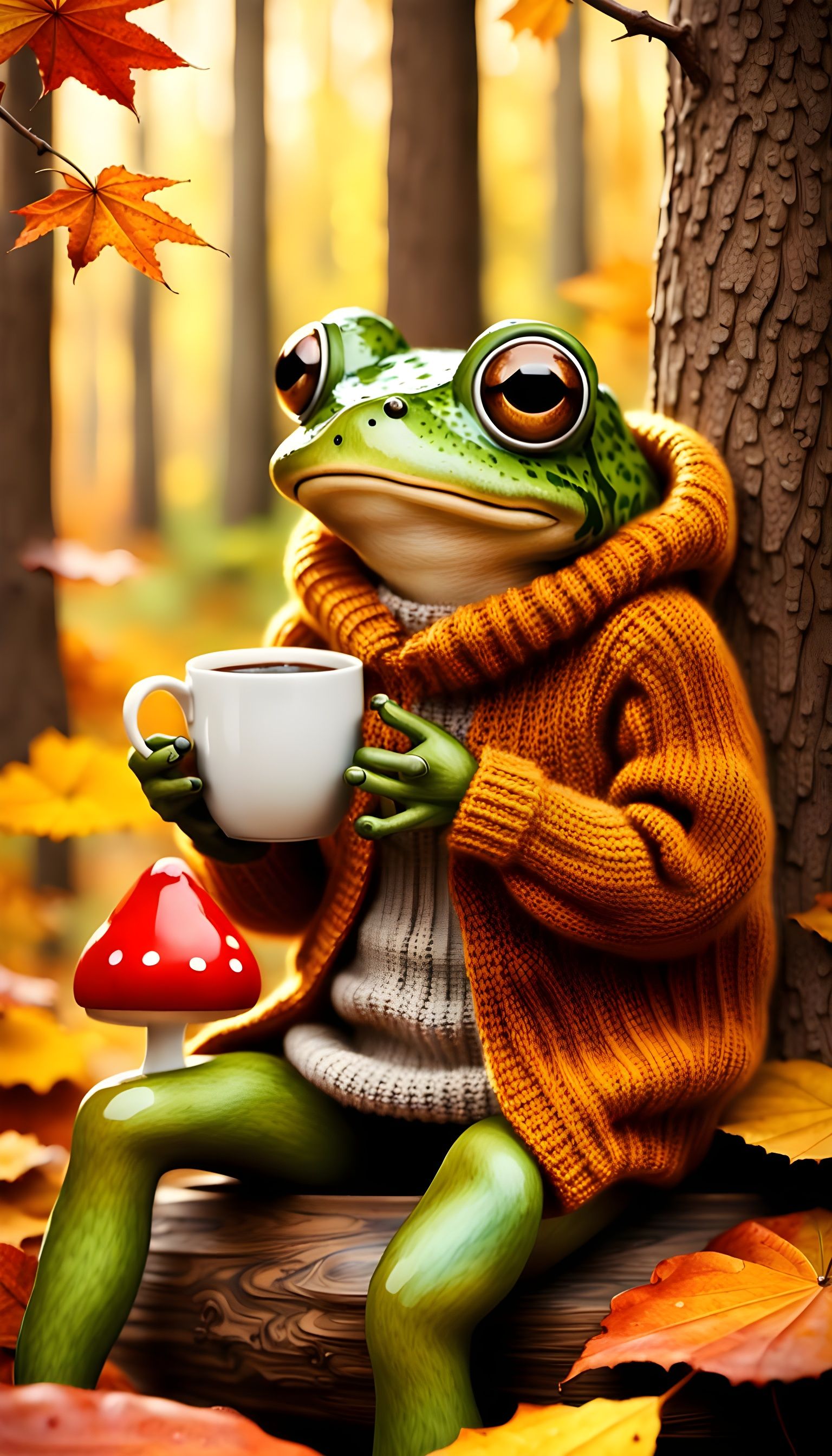Cute Frog with Coffee in Autumn Forest