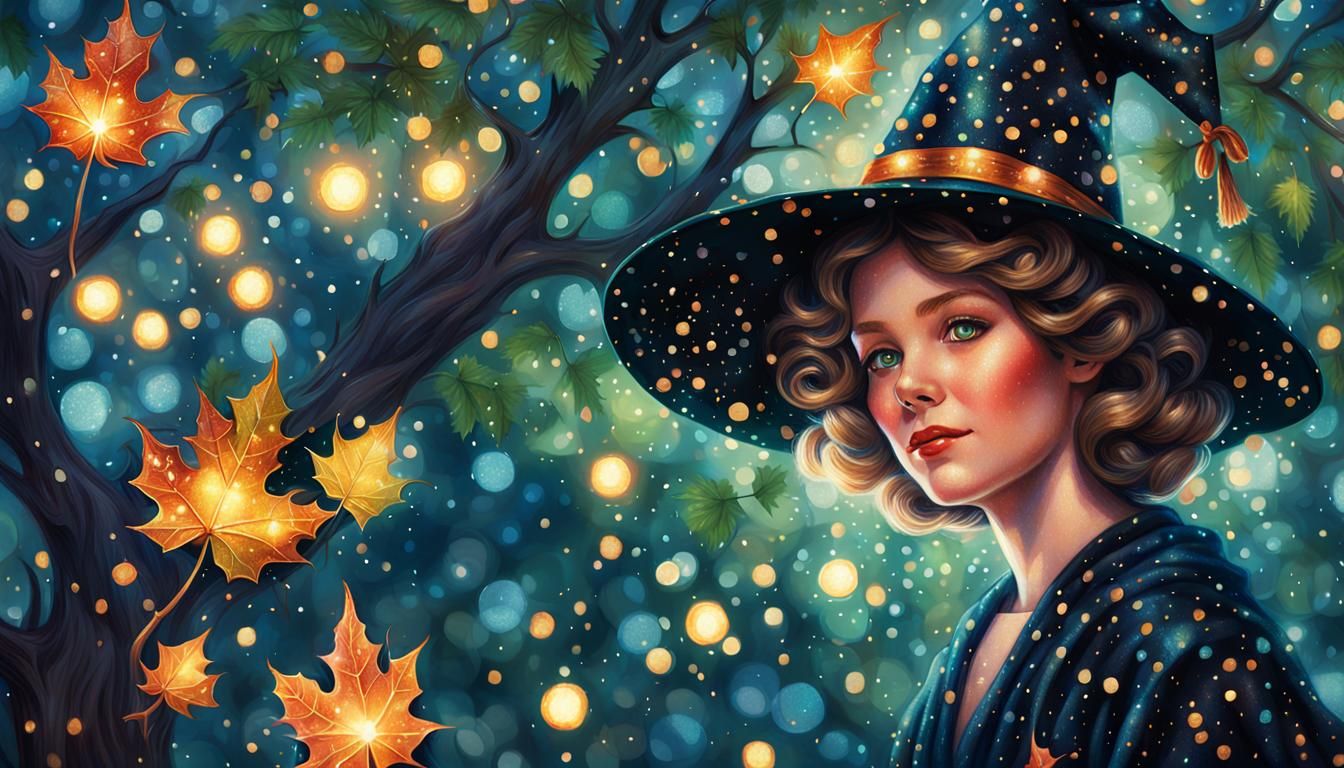 Enchanting Pointillist Witch in Bokeh Forest