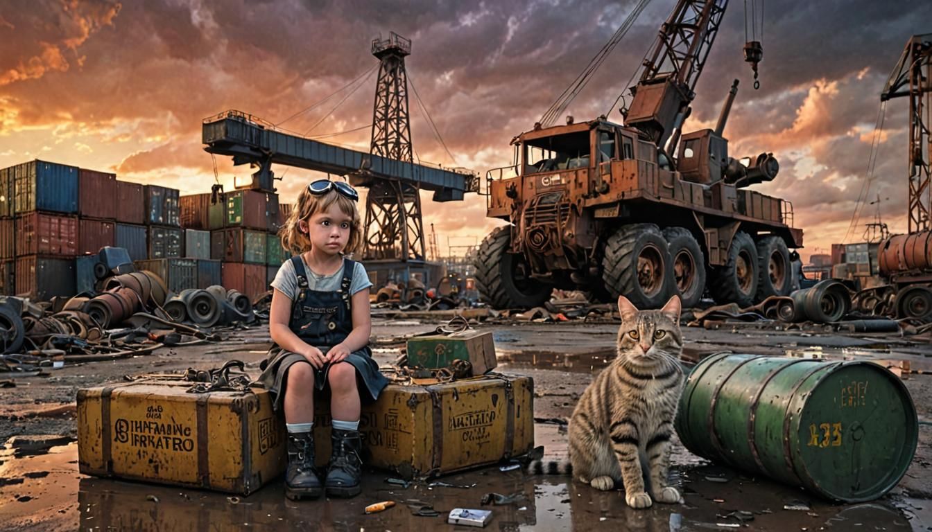 Dieselpunk Girl and Cat in Industrial Port