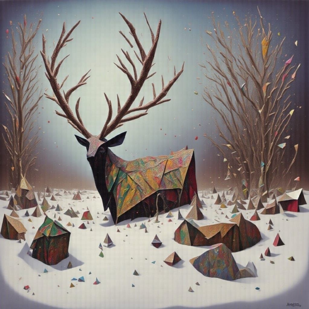 Watercolor Reindeer Herd in Snowy Wilderness with Hunter