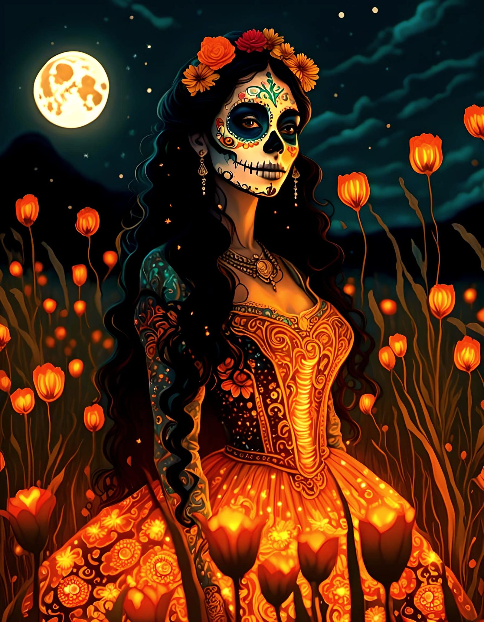Day of the Dead Priestess in Harvest Field