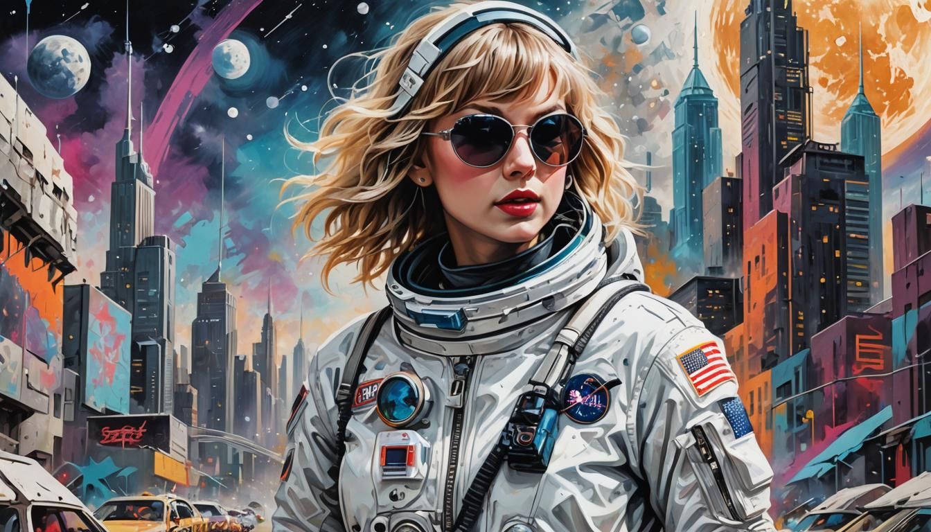Taylor Swift as Astronaut in Dystopian City Graffiti