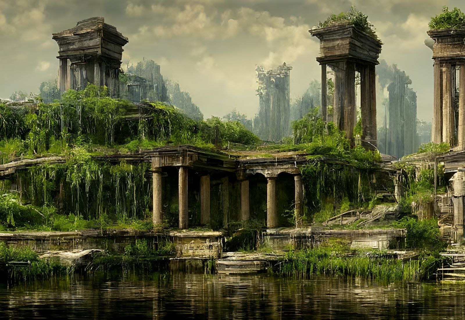 Moss-Covered Ancient Ruins in Dark Surrealist Style