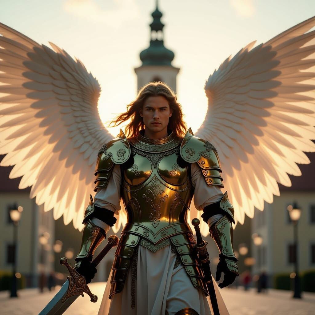 Golden Armored Angel with Sword and Swan Wings