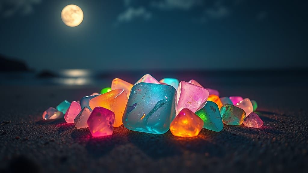 Bioluminescent Glass Stones on Moonlit Beach