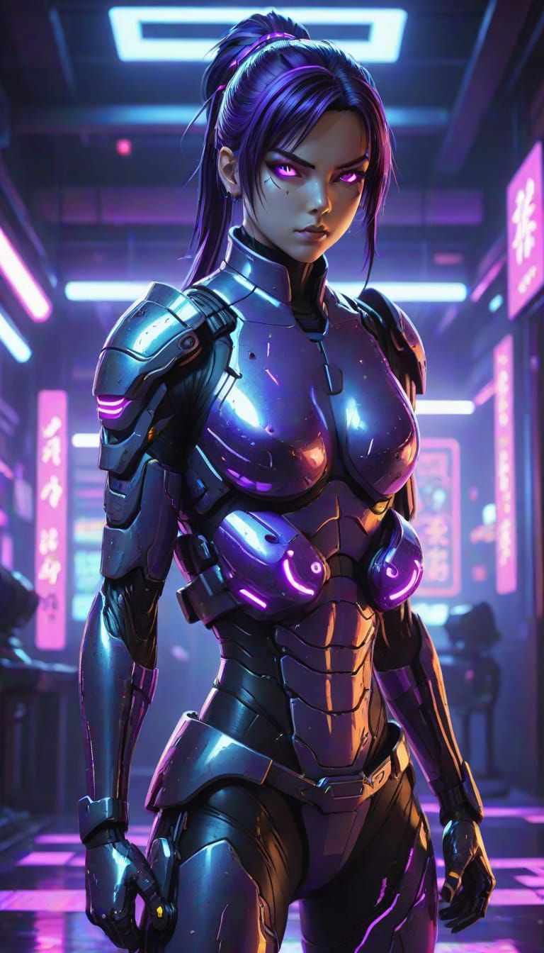 Cyborg Ninja in Neon Dojo: Anime Splash Art