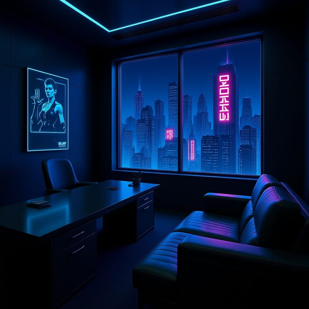 Cyberpunk Office with City View