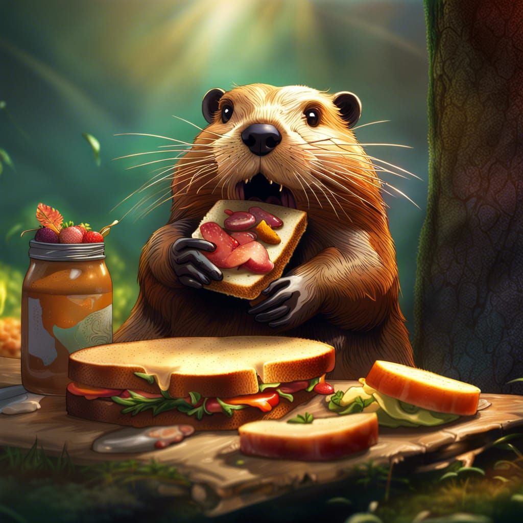 Hyperrealistic Beaver's Picnic Lunch in Splash Art Style