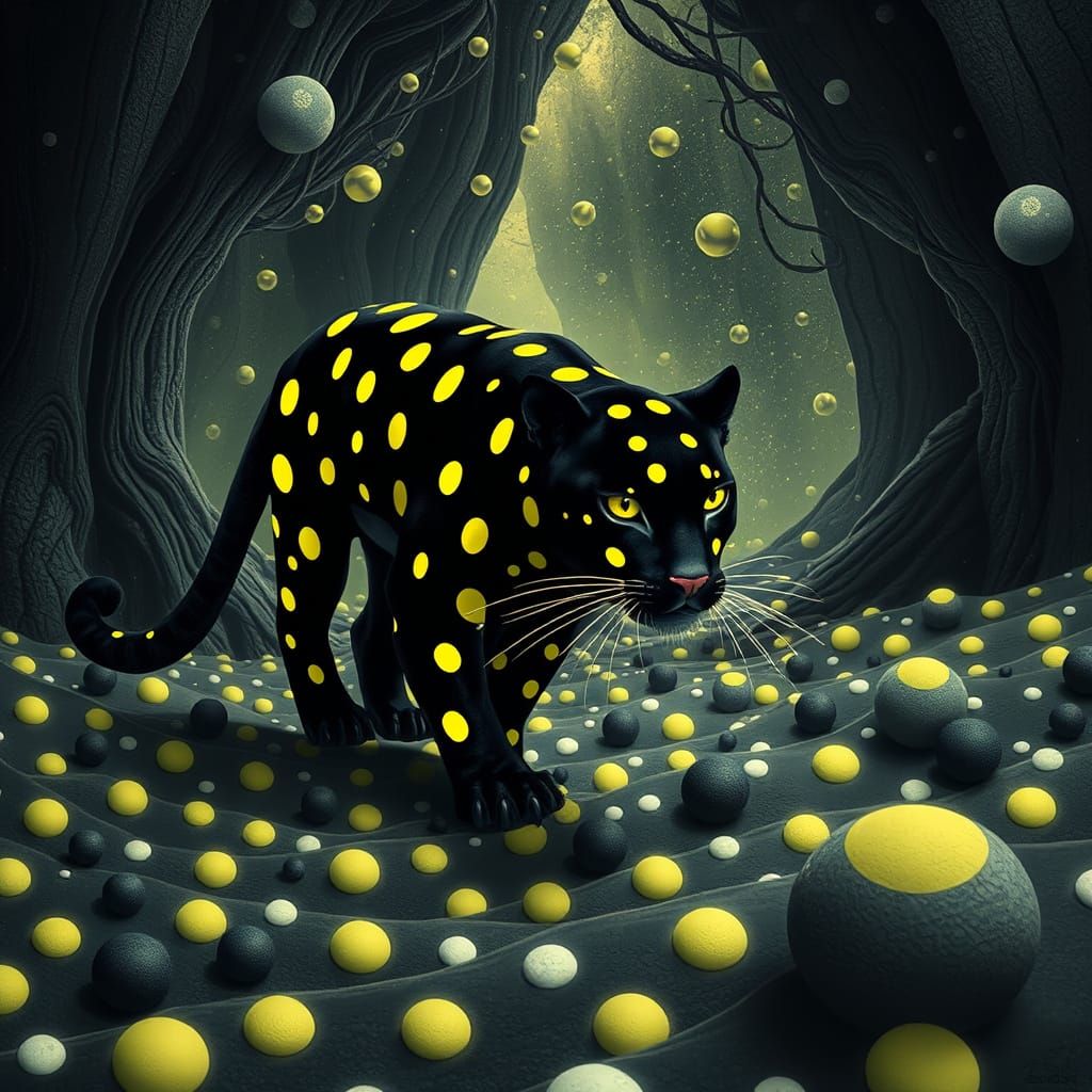 Polka Dot Panther Prowls Surreal Futuristic Landscape
