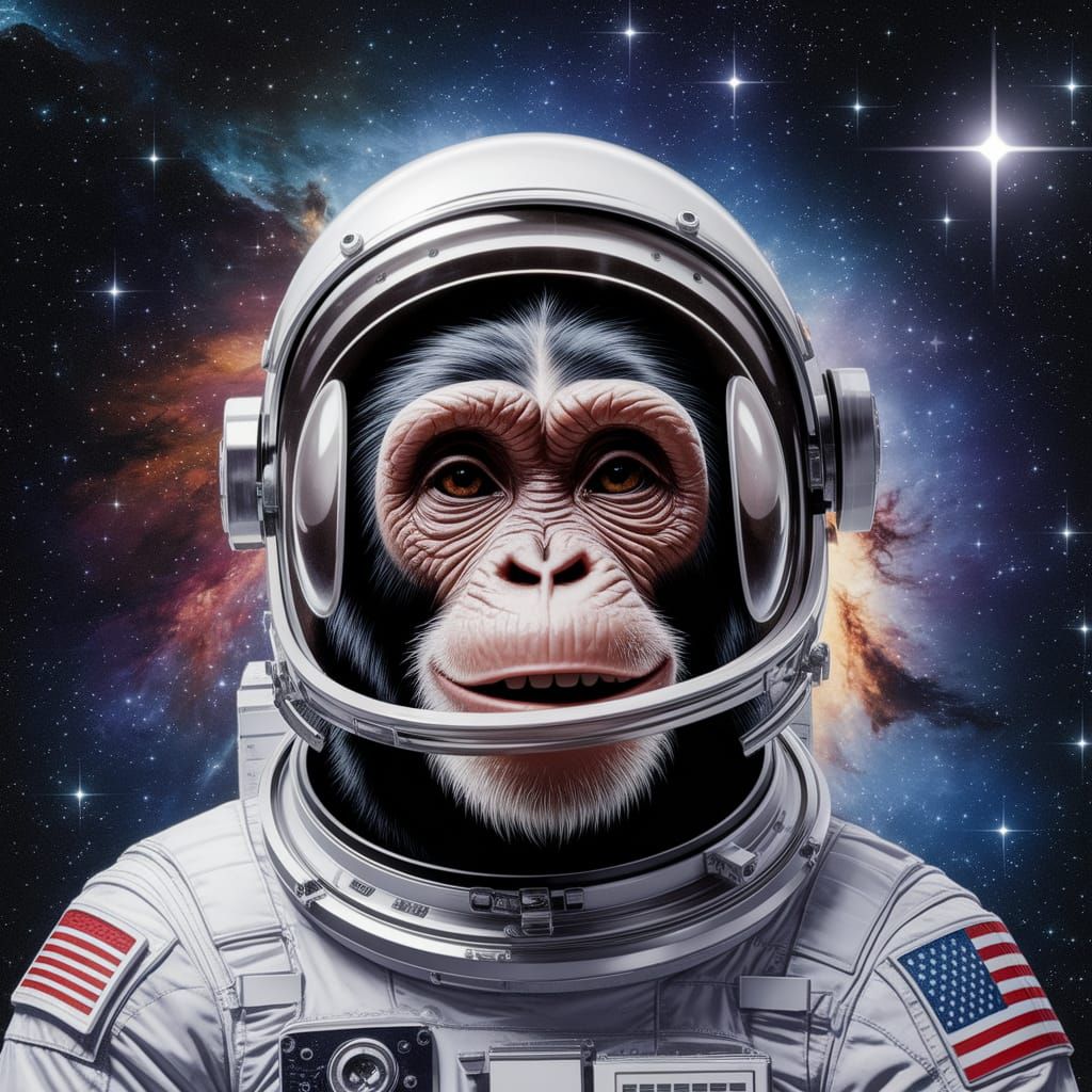 Modernist Portrait of Smiling Astronaut Chimpanzee in Cosmic...