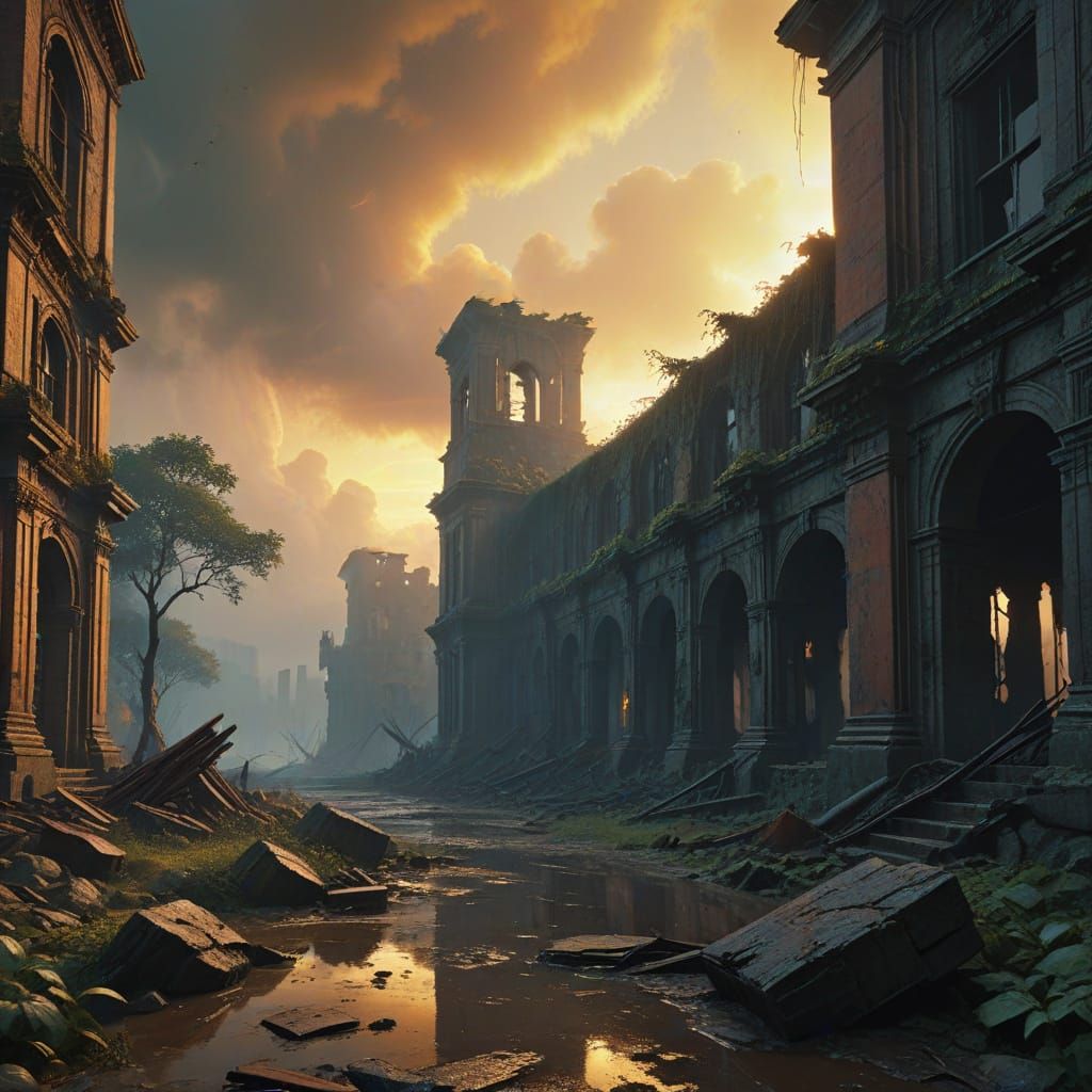 Post-Apocalyptic City Reclaimed by Nature: Cinematic Oil Pai...