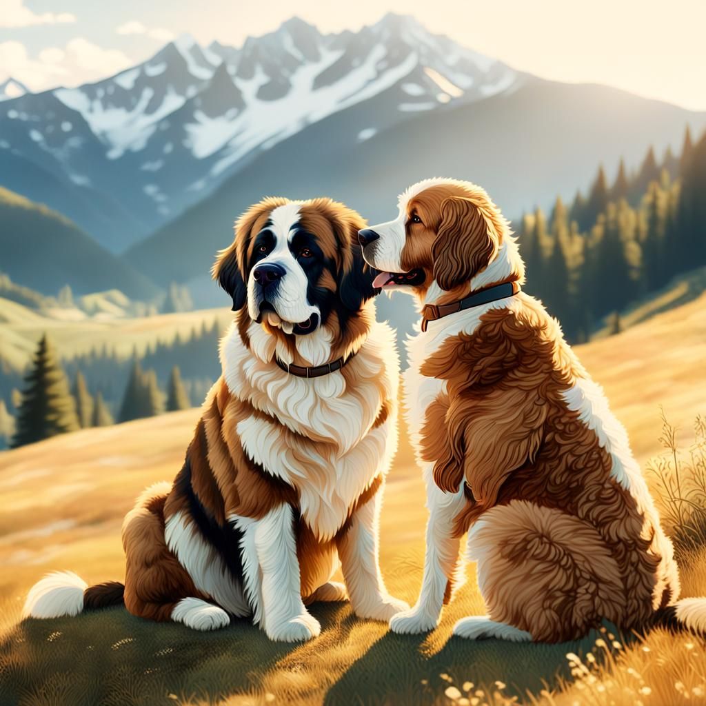 Serene Mountain Meadow: Canine Friendship in Golden Light