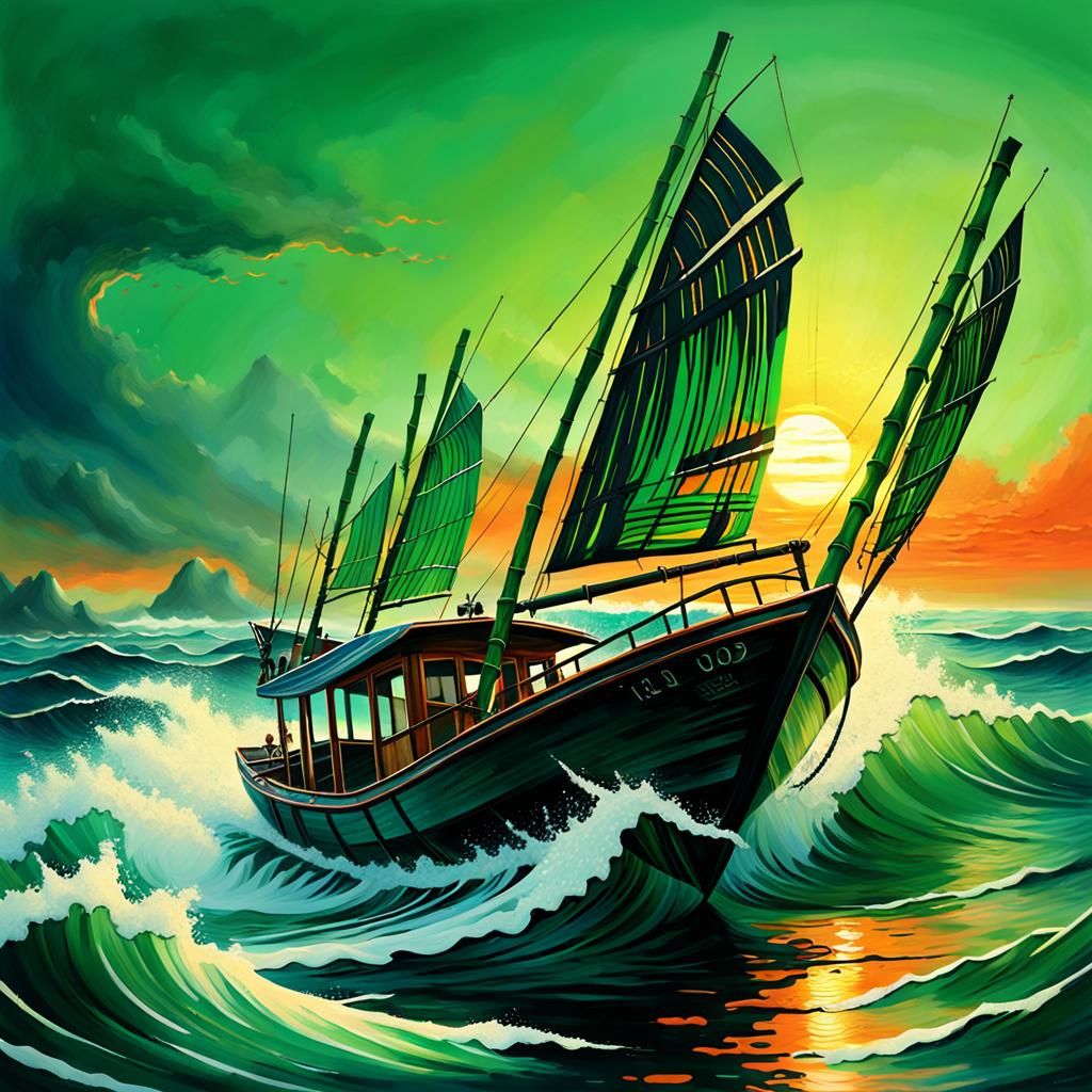 Bamboo Boat Sails on a Sunset Sea