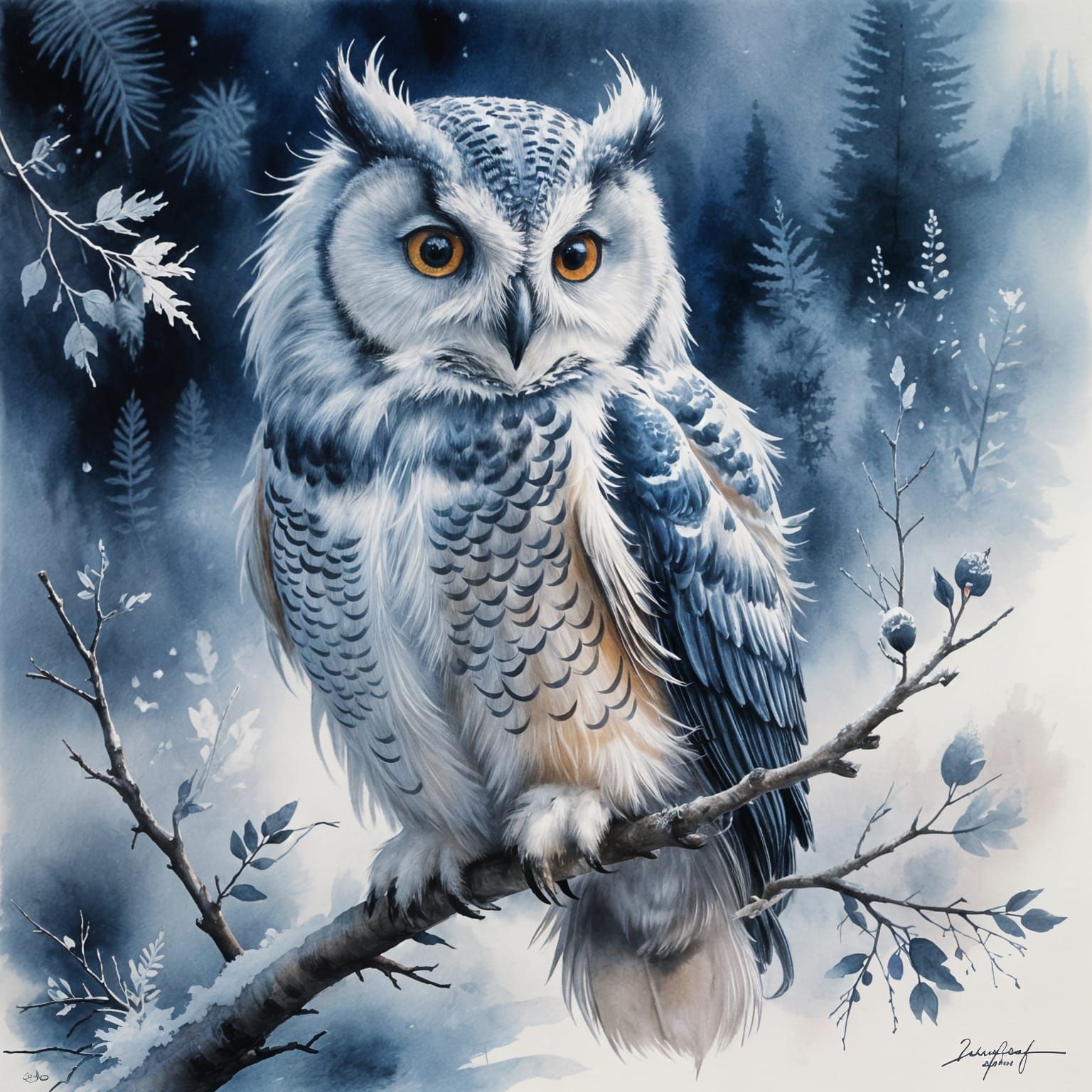 Arctic Owl Portrait in Indigo and Charcoal