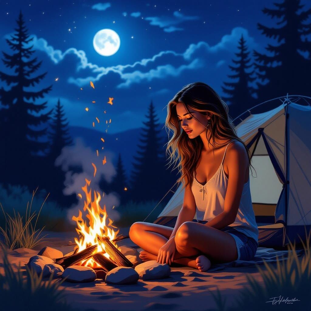 Woman Relaxing by Campfire Under Moonlight
