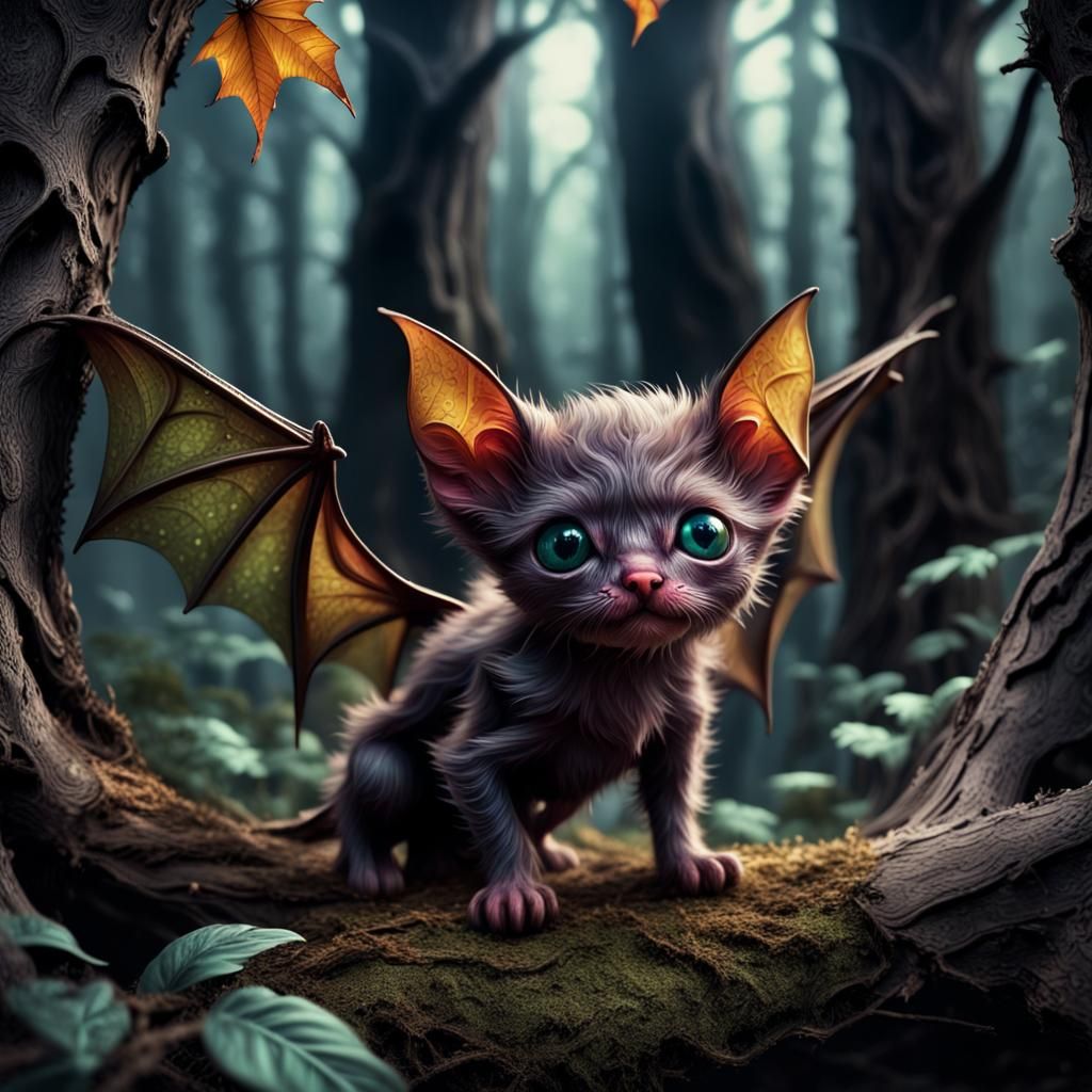 Colorful Bat Kitten in Mysterious Dark Forest