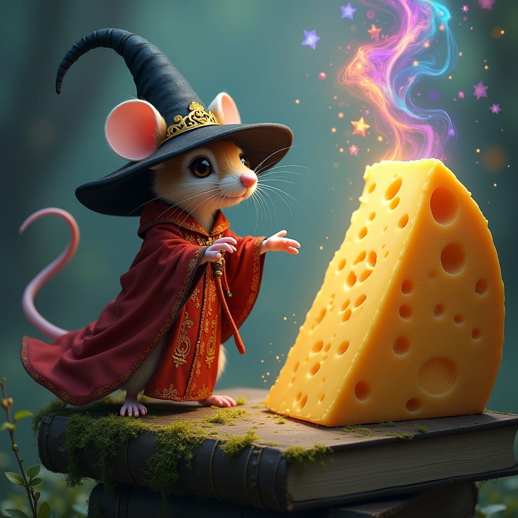 Whimsical Wizard Mouse Conjures Majestic Cheese in Fantastic...