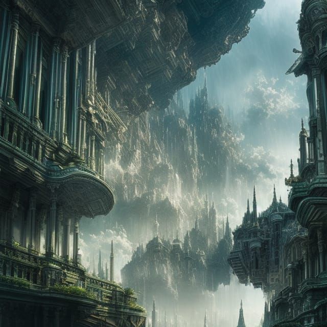 Futuristic Cityscape with Glass Castles and Floating Gardens