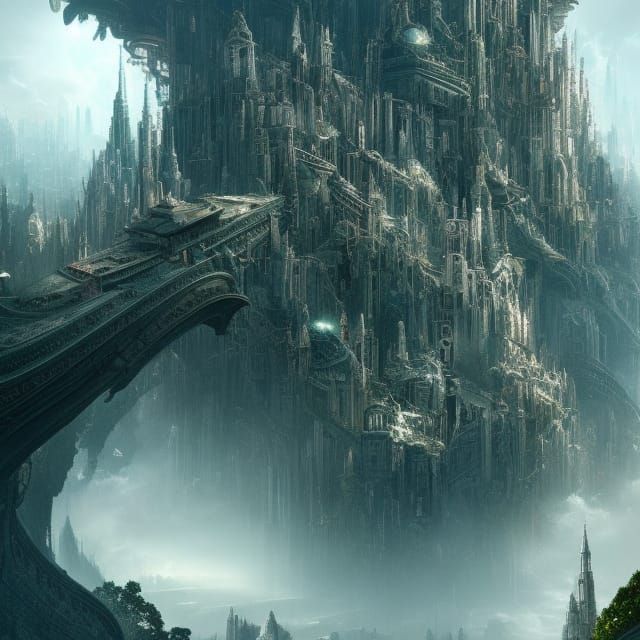 Futuristic Cityscape with Glass Castles and Floating Gardens