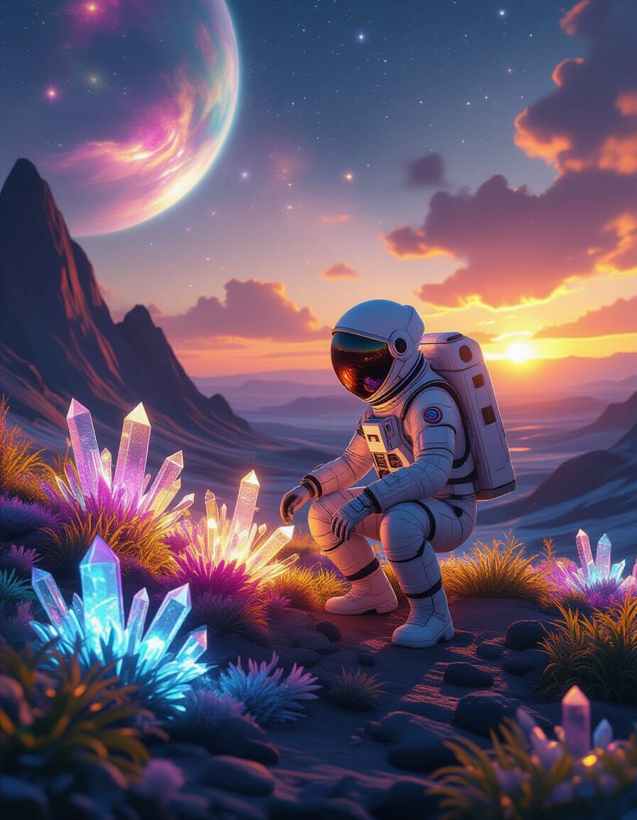 Astronaut Tends Glowing Garden on Alien Exoplanet