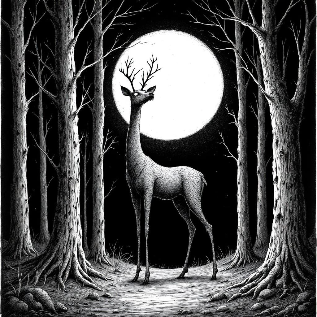 Surreal Deer in Forest, Edward Gorey Style