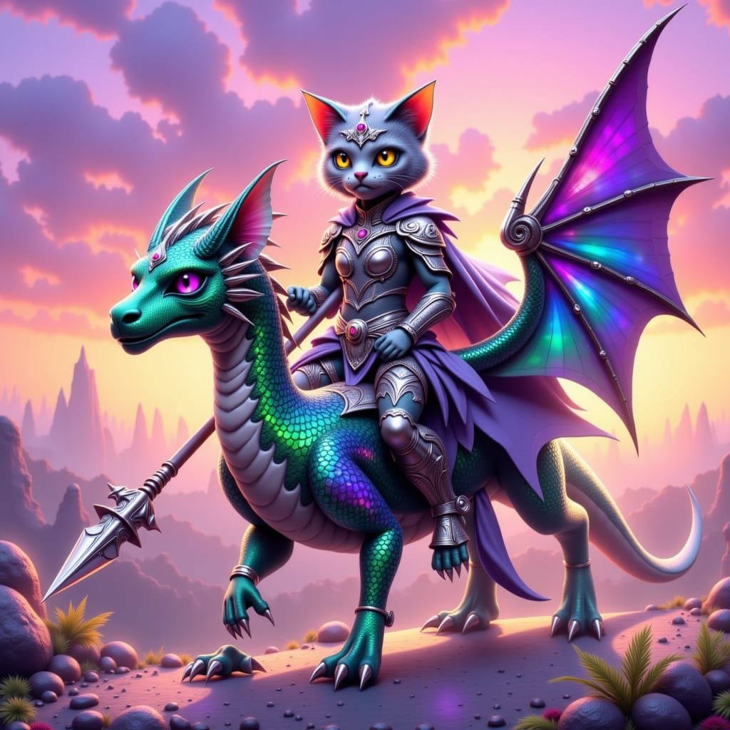 Heroic Cat Warrior on Winged Dragon in Ornate Armor