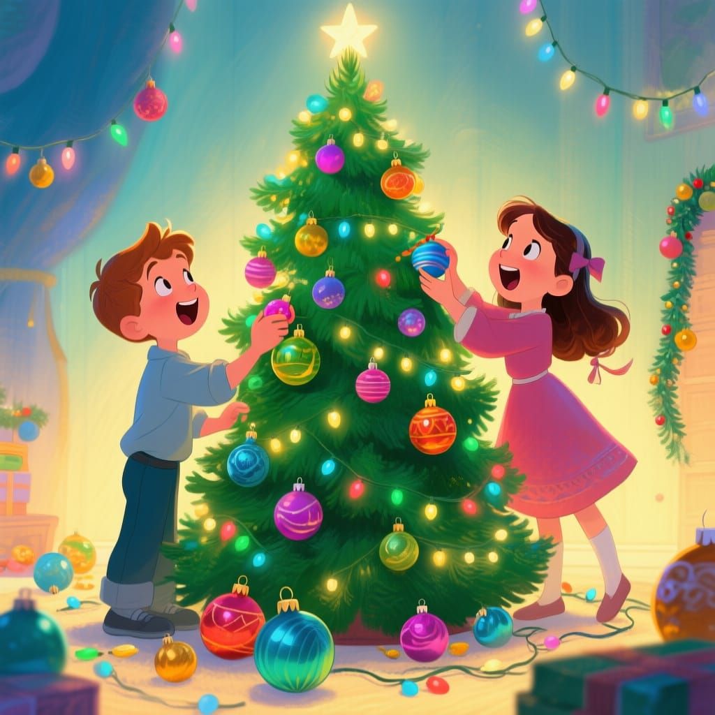 Children Decorating Christmas Tree with Joyful Spirit