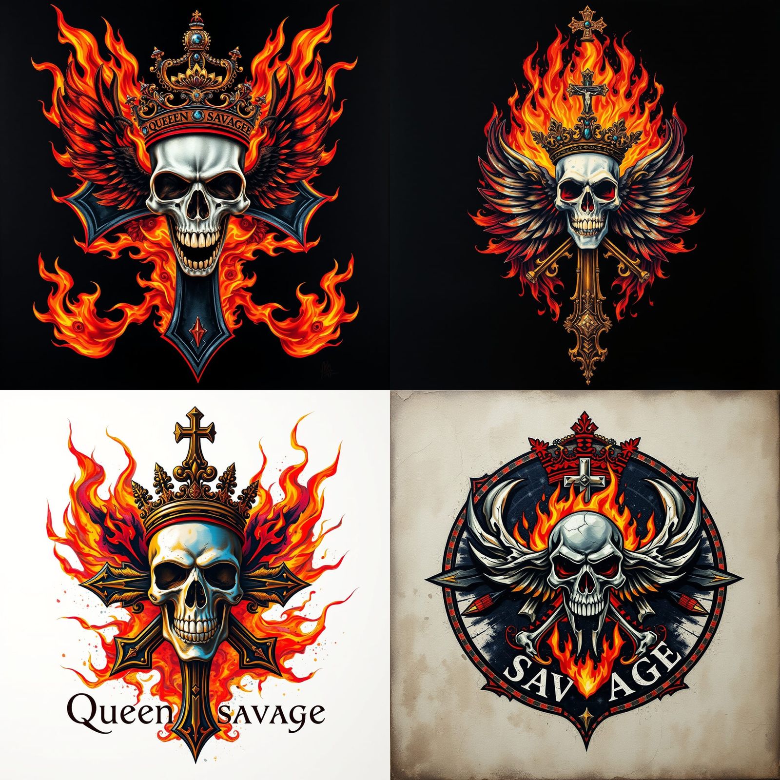 Skull and Flames Logo in Gouache Watercolor Style