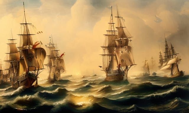 18th Century Naval Battle Watercolor Painting