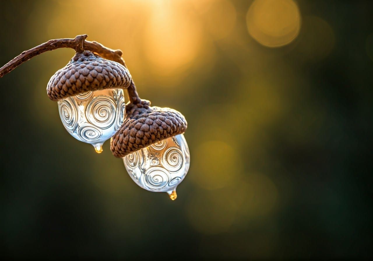 Glass Acorns Dangle from Twisted Branch in Soft, Dreamy Ligh...