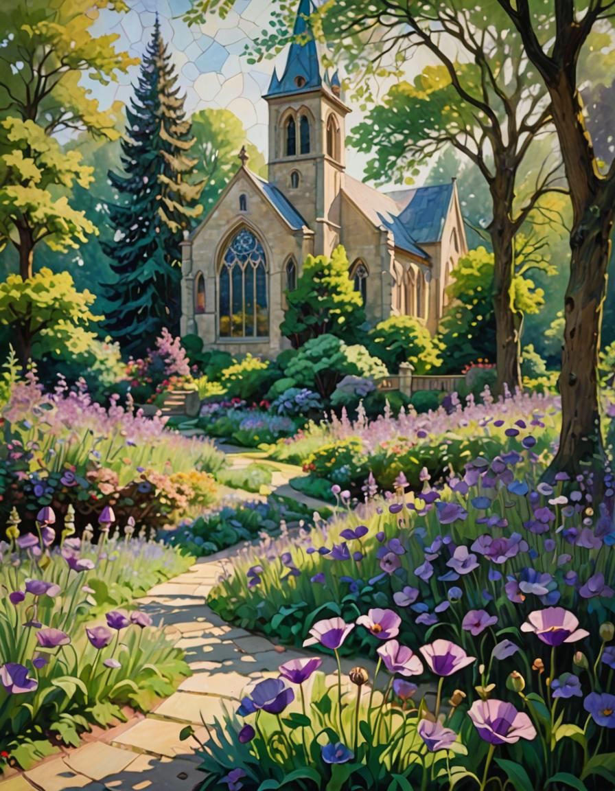 Impressionistic Country Church with Poppy and Stained Glass