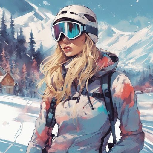 Blonde Girl Ready for Skiing: Splash Art Portrait
