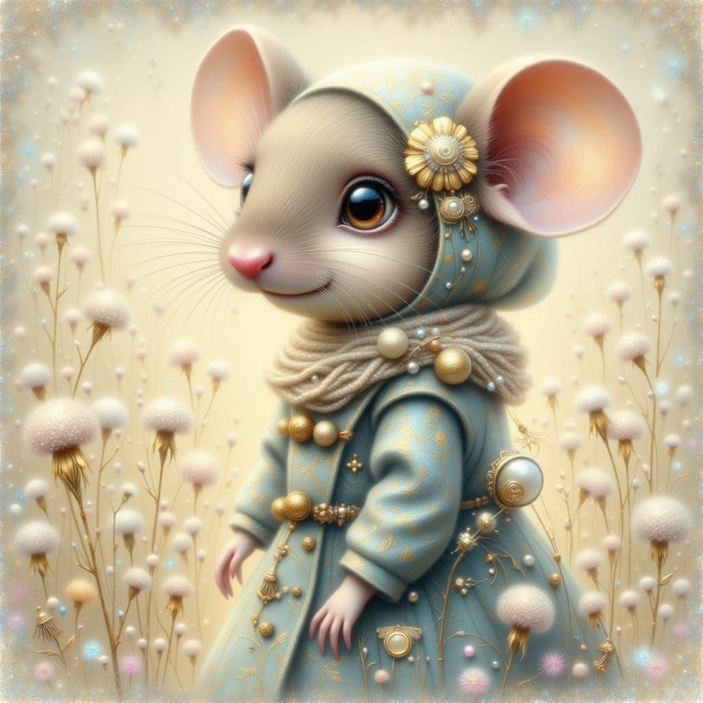Whimsical Girl Mouse Portrait in Vintage Painterly Style