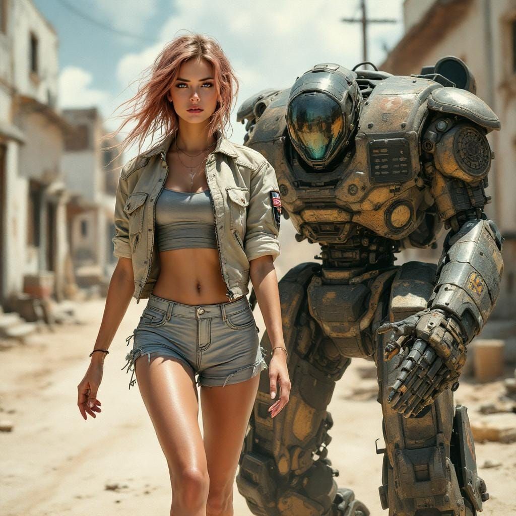 Woman and Mech in Rockwell and Mead Style