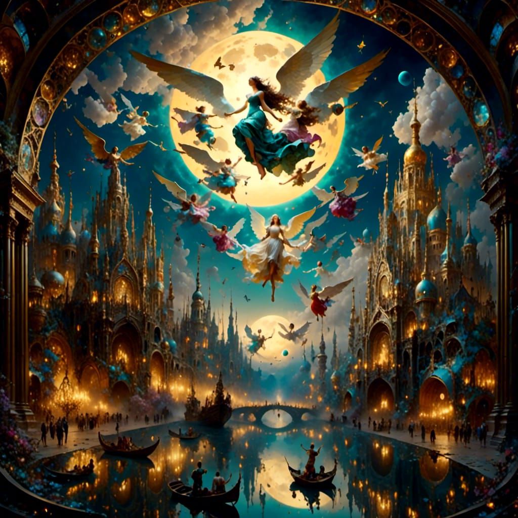 Angelic Dream-Time Moonrise: Renaissance Oil Painting