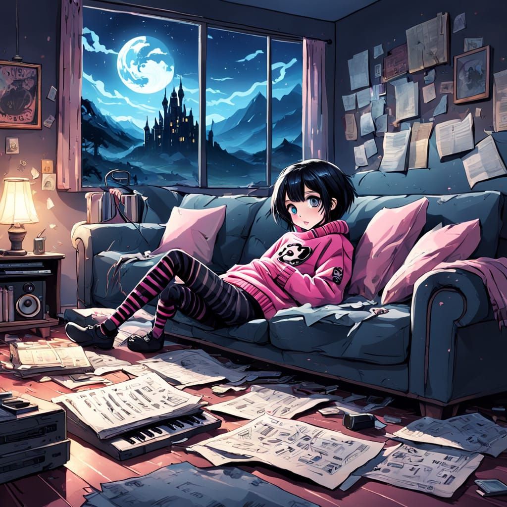 Serene Emo Woman in Cozy Scene with Celestial Castle