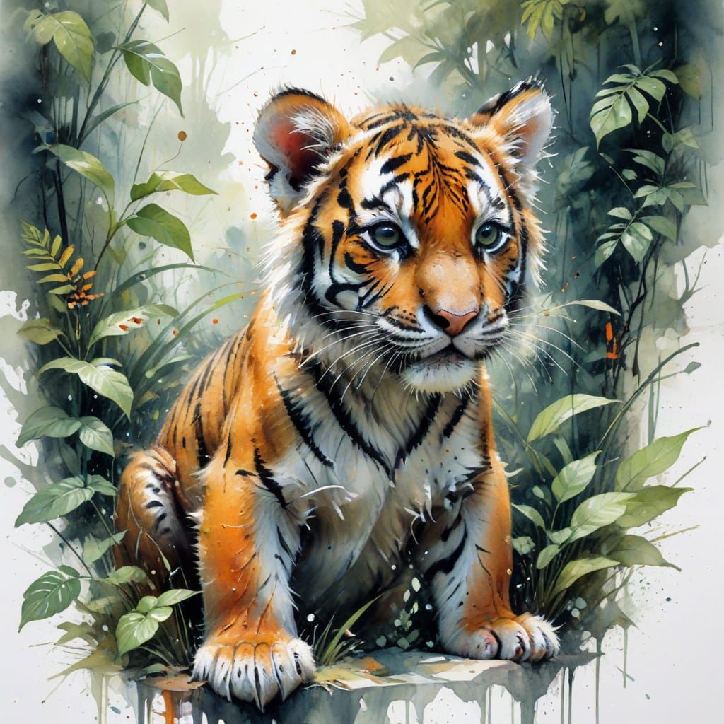 Baby Tiger in Jungle, Watercolour and Ethereal Style